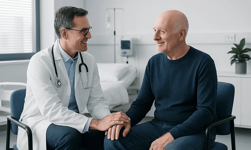 Doctor and patient having a consultation in a hospital room.
