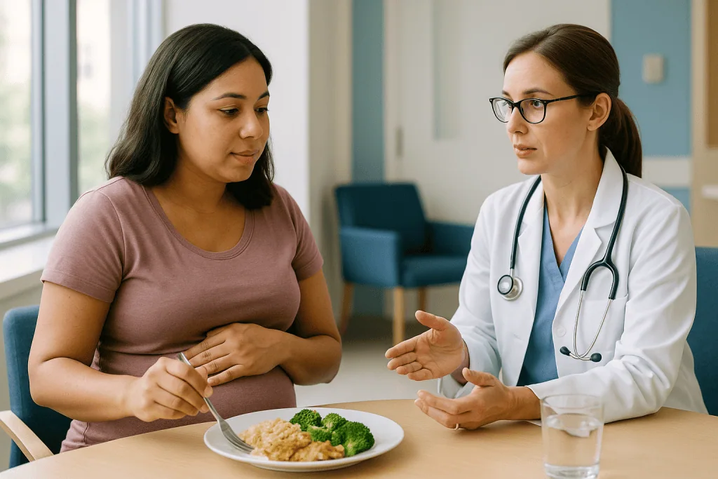 Pregnant woman consulting doctor about nutrition and diet — Carbohydrates: spread them out, don't cut them out