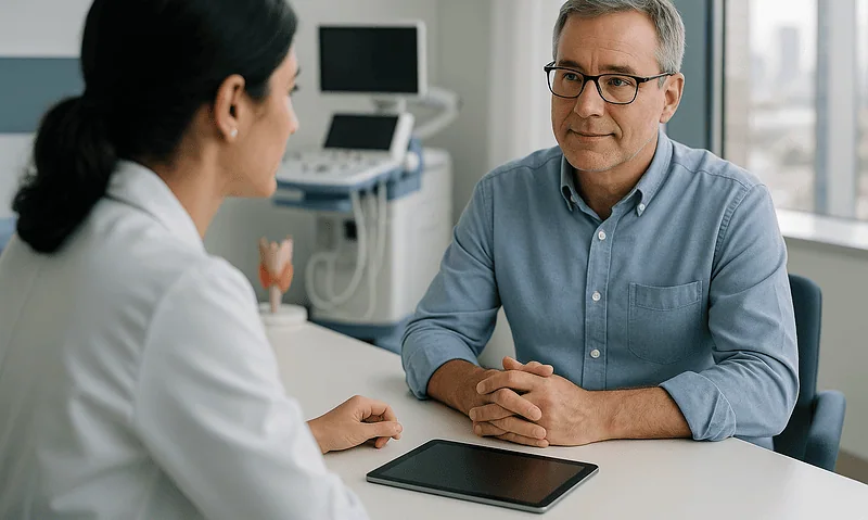 Doctor consulting with a patient in a modern hospital setting.