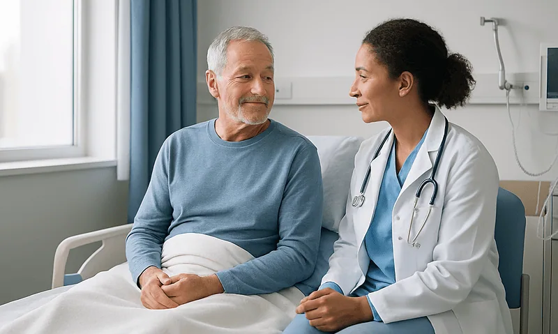 Patient and doctor discussing recovery in hospital room.