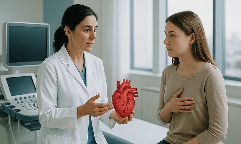 Doctor explaining cardiac health with a heart model to a patient in a hospital.