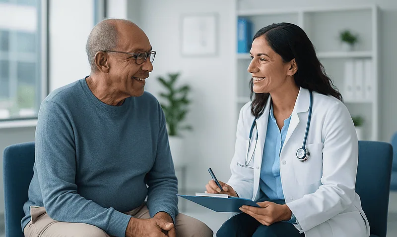Cardiac Amyloidosis Follow-Up: What Is Monitored and When to Contact Your Team Early 5 Doctor consulting with elderly patient in a modern clinic setting.