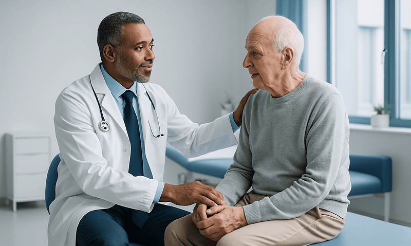 Doctor consulting with an elderly patient in a hospital room.