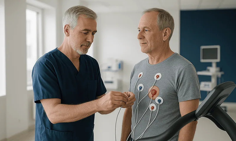 Doctor performs ECG test on a patient in a hospital setting.