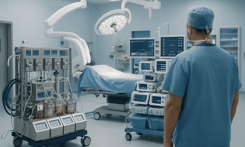 Modern hospital operating room with advanced cardiac monitoring equipment.