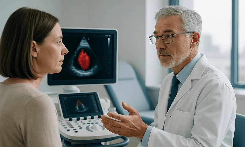 Doctor explaining cardiac ultrasound to a patient in a hospital setting.