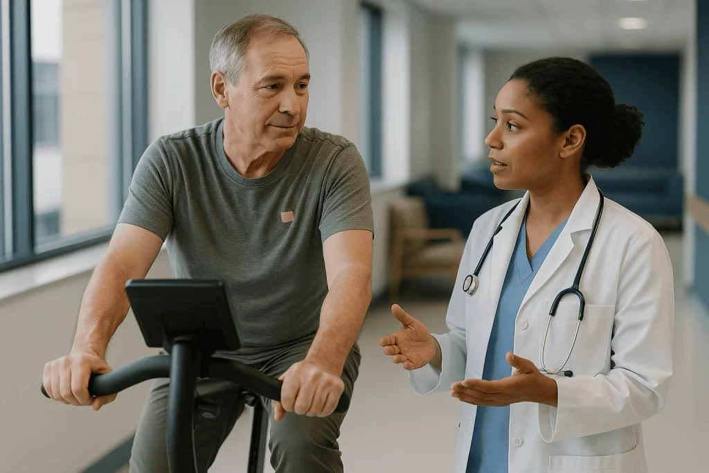 Doctor consulting with male patient on exercise bike: Cardiac rehab after stent: the 'I feel fine' gap