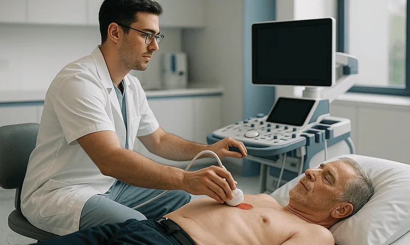 Doctor performing an ultrasound on a patient's chest in a hospital room.