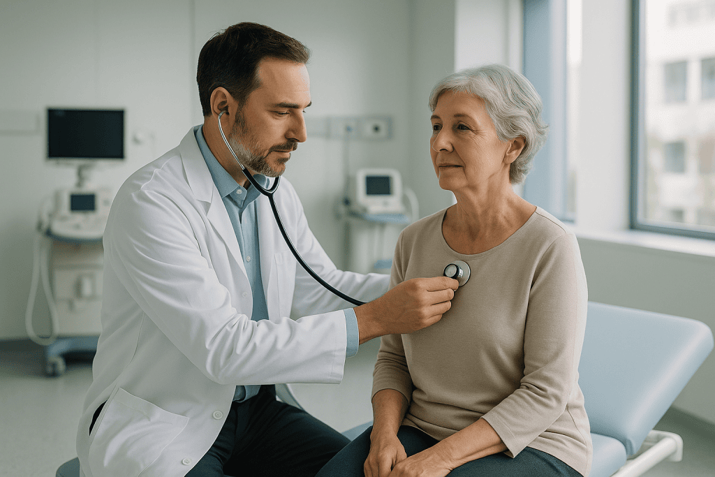 Cardiac Sarcoidosis Treatment 1 Doctor examining an elderly woman with a stethoscope in a hospital room.