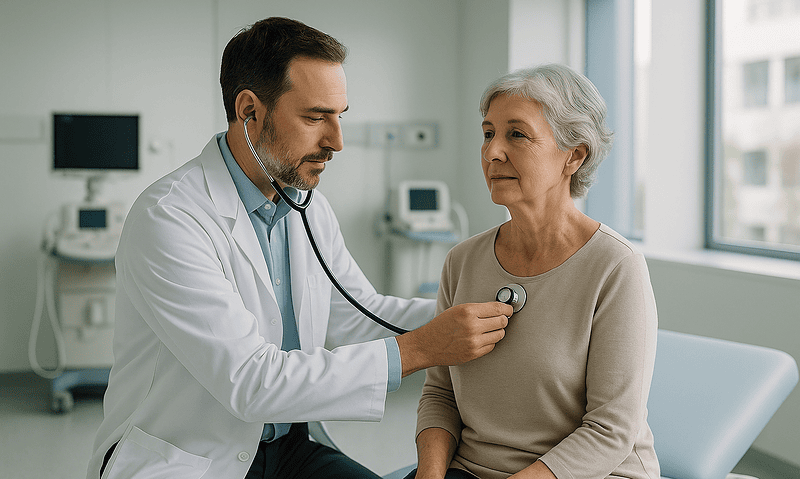 Doctor examining an elderly woman with a stethoscope in a hospital room.