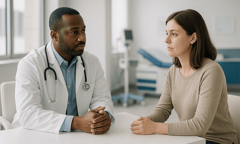 Doctor consulting with a female patient in a medical office.