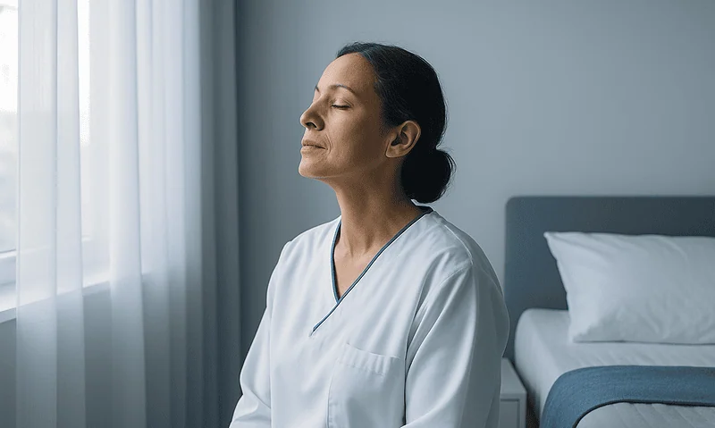 Calm woman in hospital room with sunlight, relaxing and meditating.