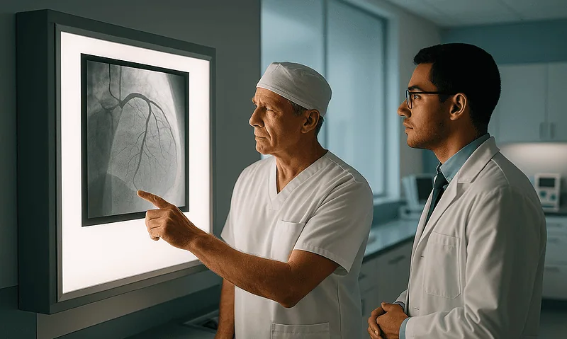 Doctors examining a heart X-ray in a hospital setting.