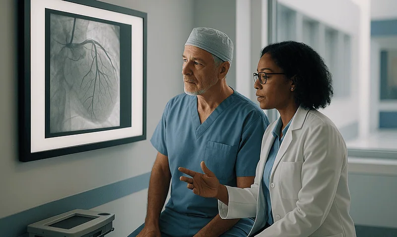 Doctors analyzing a cardiac X-ray in a hospital setting.