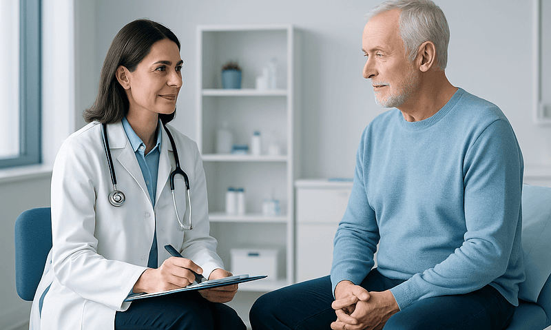 Doctor consulting with an elderly male patient in a medical office.