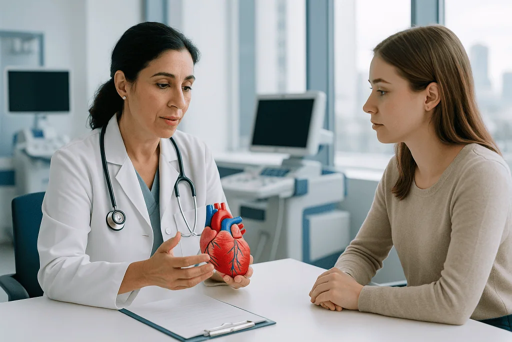 Cardiometabolic Disorders 1 Doctor explaining heart health to a patient with a model of a heart.