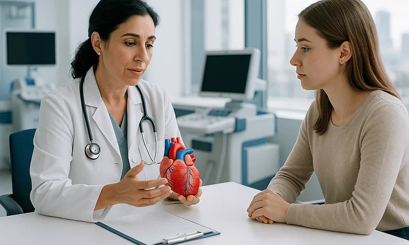 Doctor explaining heart health to a patient with a model of a heart.