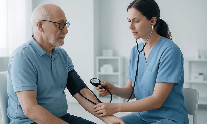 Doctor measuring senior patient's blood pressure in clinic.