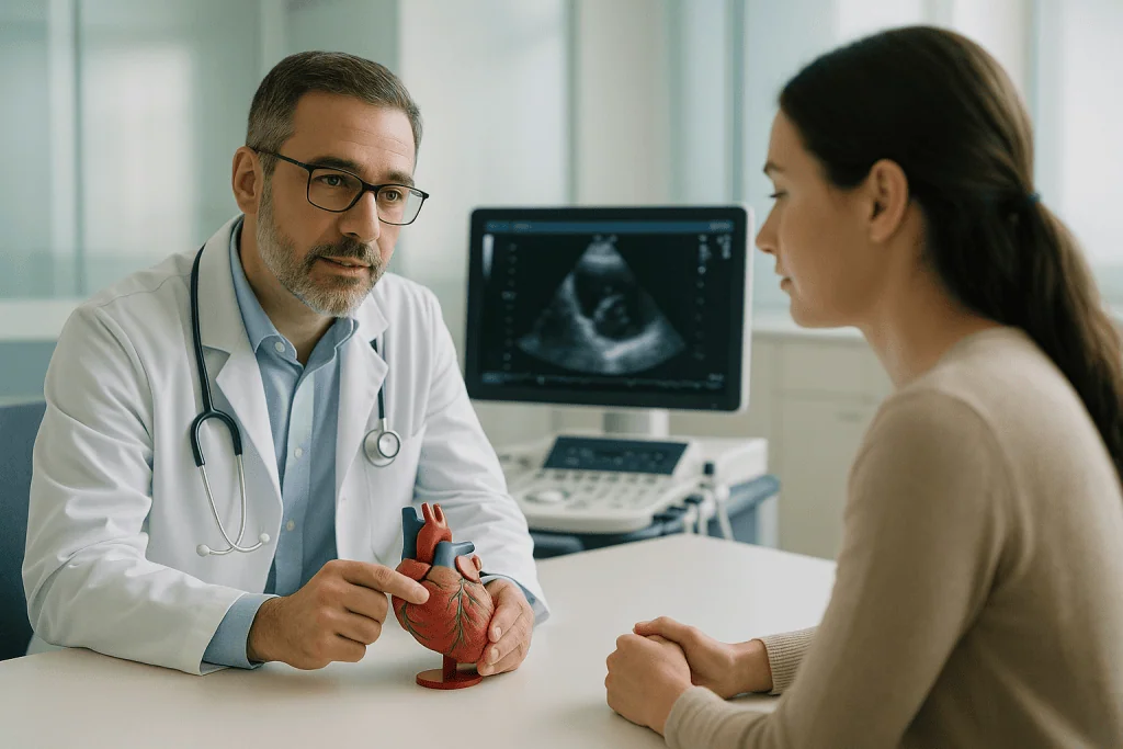 Cardiomyopathy 1 Cardiologist explaining heart health with a model to a patient in a clinic.