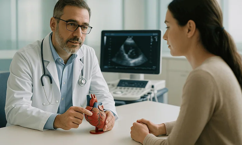 Cardiologist explaining heart health with a model to a patient in a clinic.