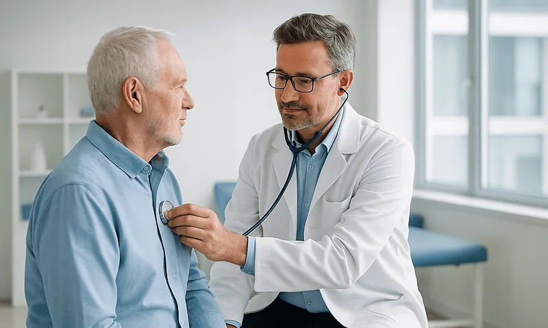 Doctor examining an elderly male patient with a stethoscope in a clinic.