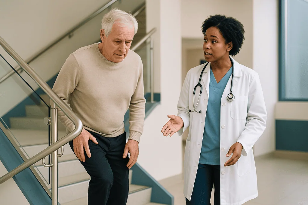 Doctor consulting with elderly patient on hospital stairs: Cardiopulmonary exercise test for lung cancer surgery: why you ma
