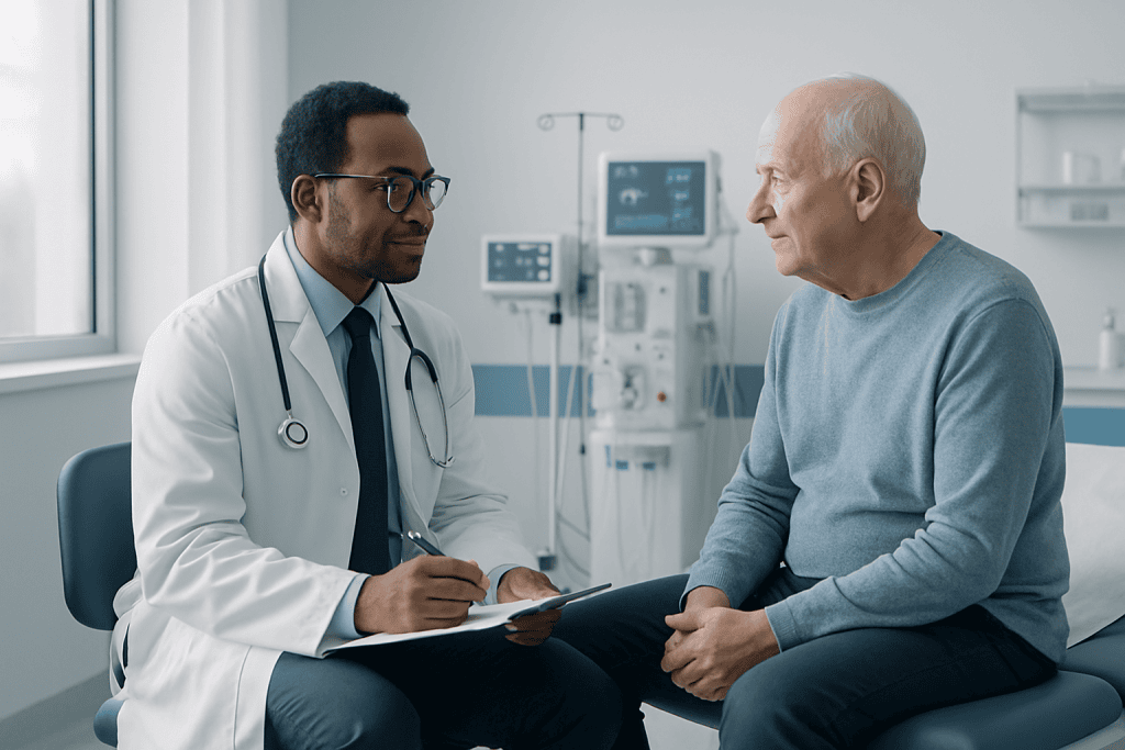 Cardiorenal Syndrome 1 Doctor consulting with an elderly patient in a hospital room.