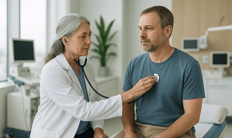Doctor examining a male patient in a hospital room with medical equipment.