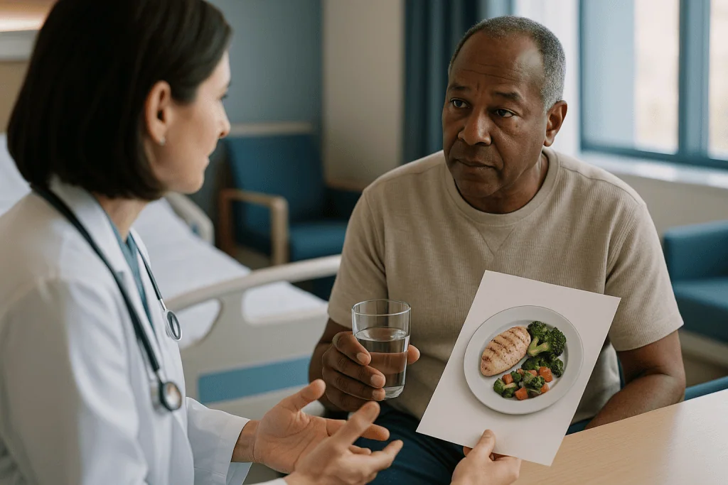 Doctor consulting patient about kidney-friendly diet plate: Cardiorenal syndrome diet and fluids: how much should I actually