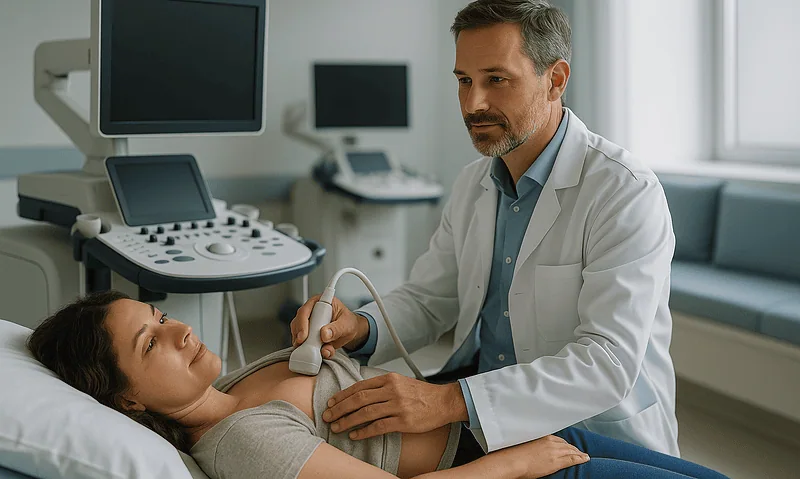 Doctor performing an ultrasound on a pregnant woman in a hospital room.