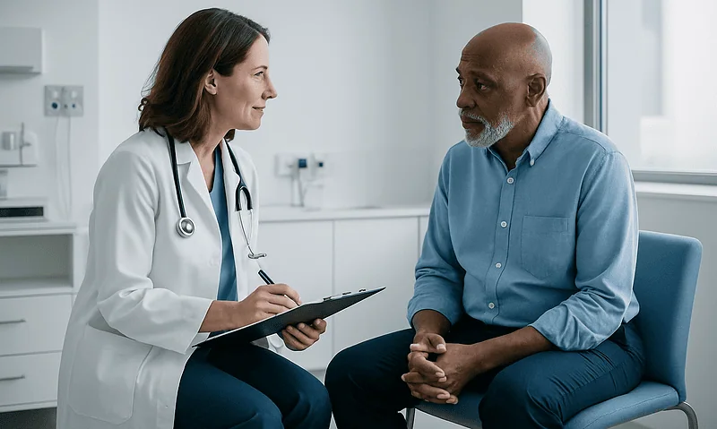 Doctor consulting with an elderly male patient in a hospital room.