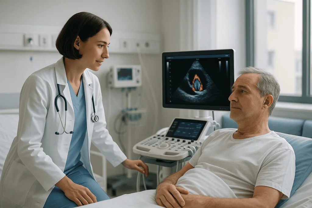 Cardiothoracic Surgery 1 Doctor discussing ultrasound results with a patient in a hospital room.
