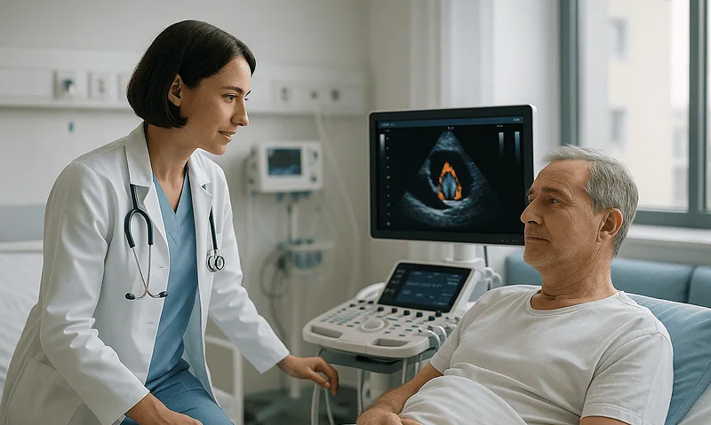 Doctor discussing ultrasound results with a patient in a hospital room.