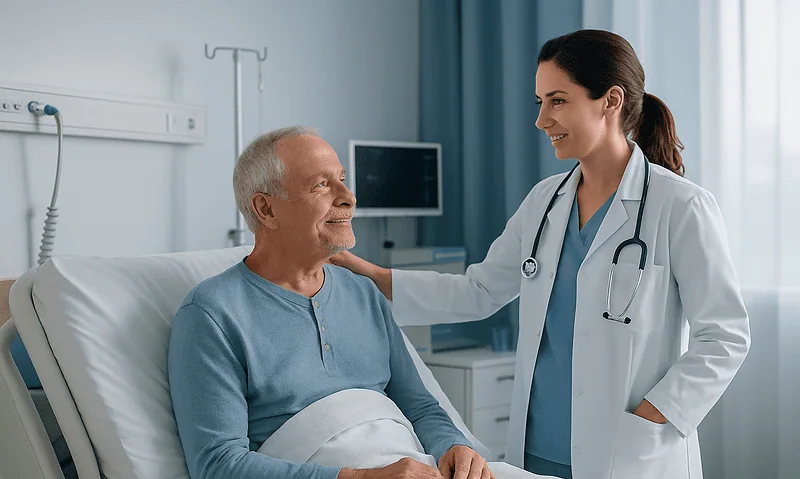 Doctor talking to a patient in a hospital room after cardiothoracic surgery.