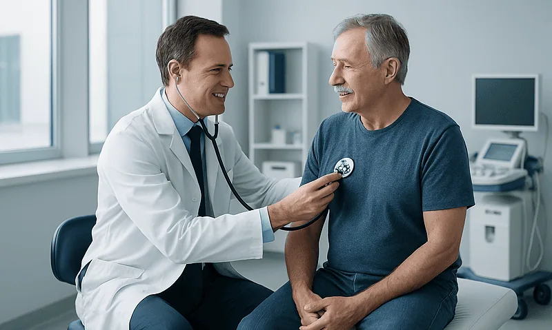 Doctor examining an older male patient with a stethoscope in a medical office.