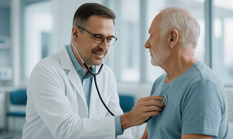 Doctor examining an elderly male patient with stethoscope in hospital.