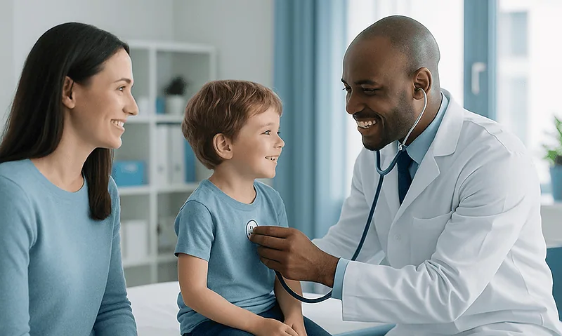 Pediatric dentist examining a young boy with a stethoscope in a clinic.