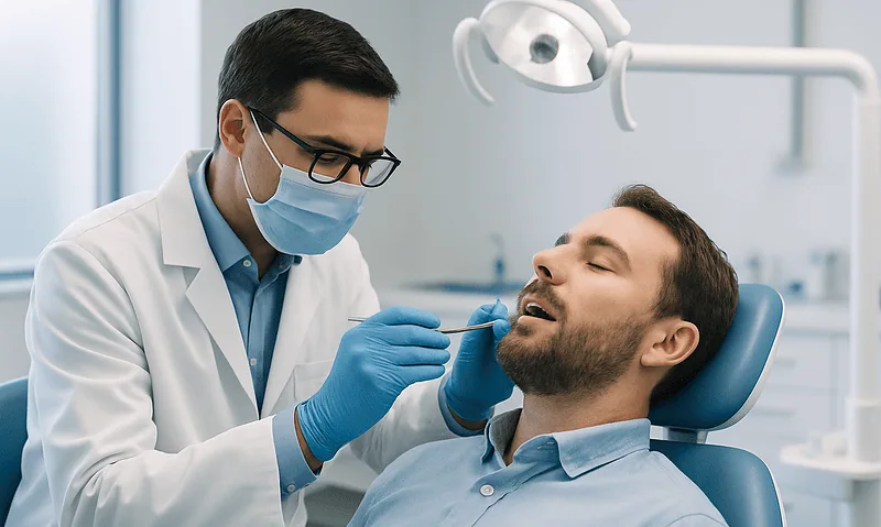 Dentist performing dental check-up on patient at Acibadem Hospital.