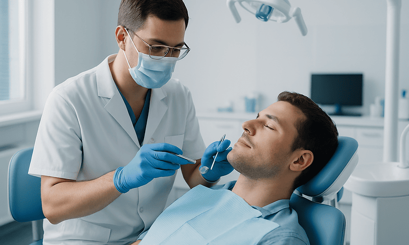 Dentist examining patient in dental clinic with modern equipment.