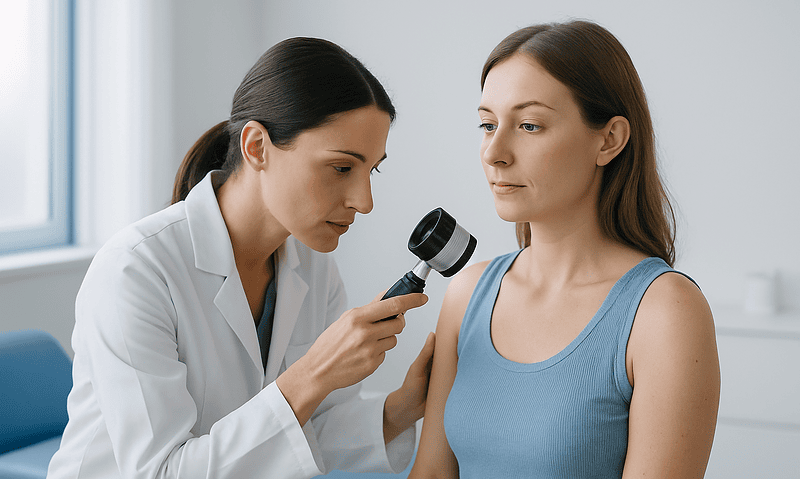 Doctor examining a patient's skin with a magnifying glass in a clinical setting.