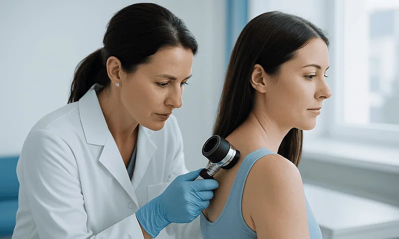 Doctor examining patient's skin with a dermatoscope in a clinical setting.