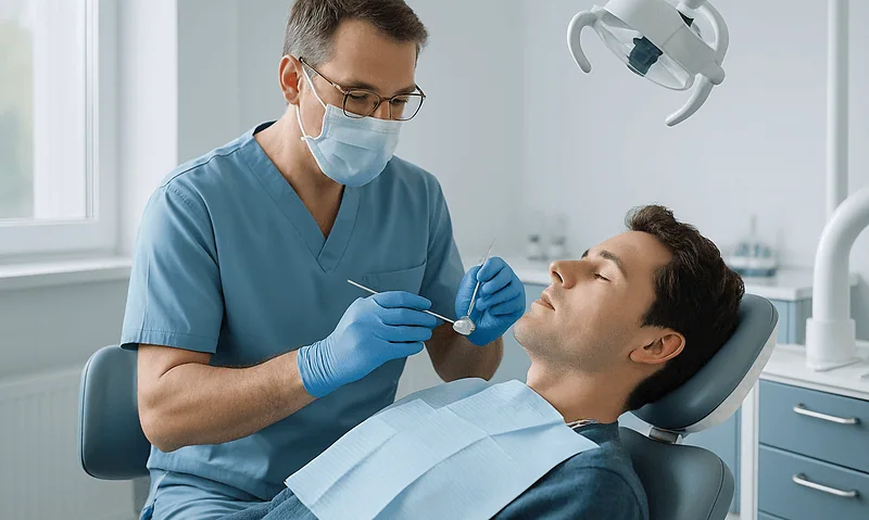 Dentist examining patient's teeth in a clinical setting.