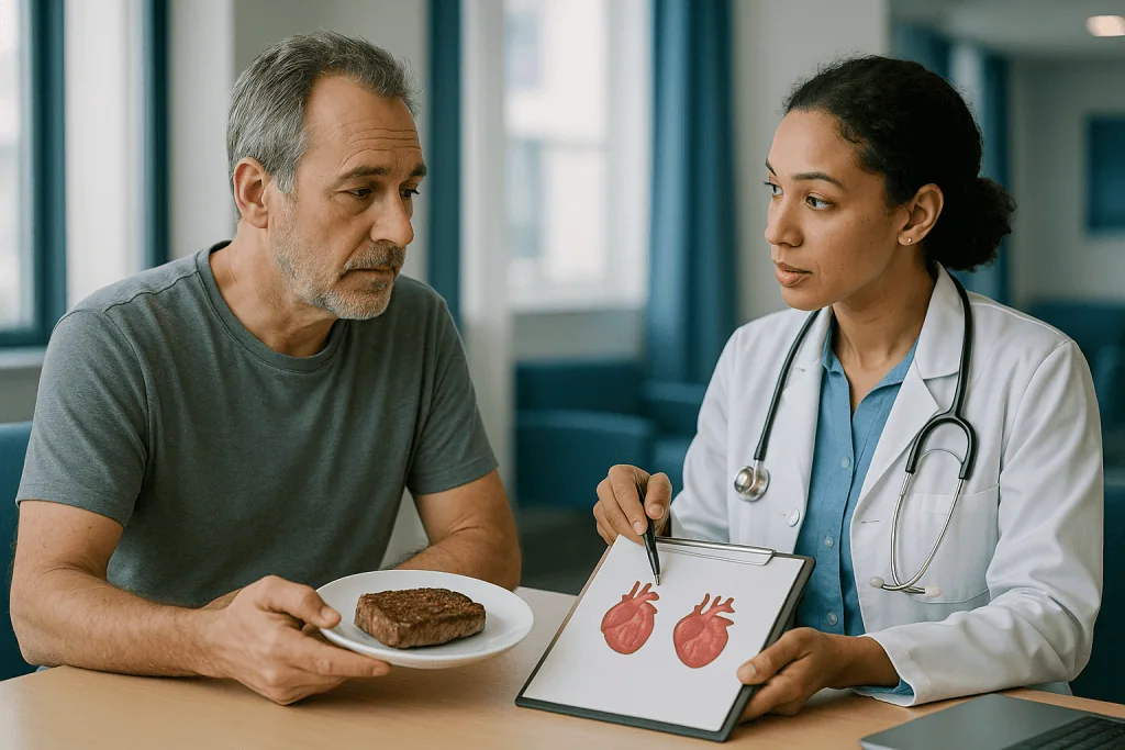 Doctor discussing heart health with male patient holding steak: Carnivore diet cholesterol: what happens to LDL and why