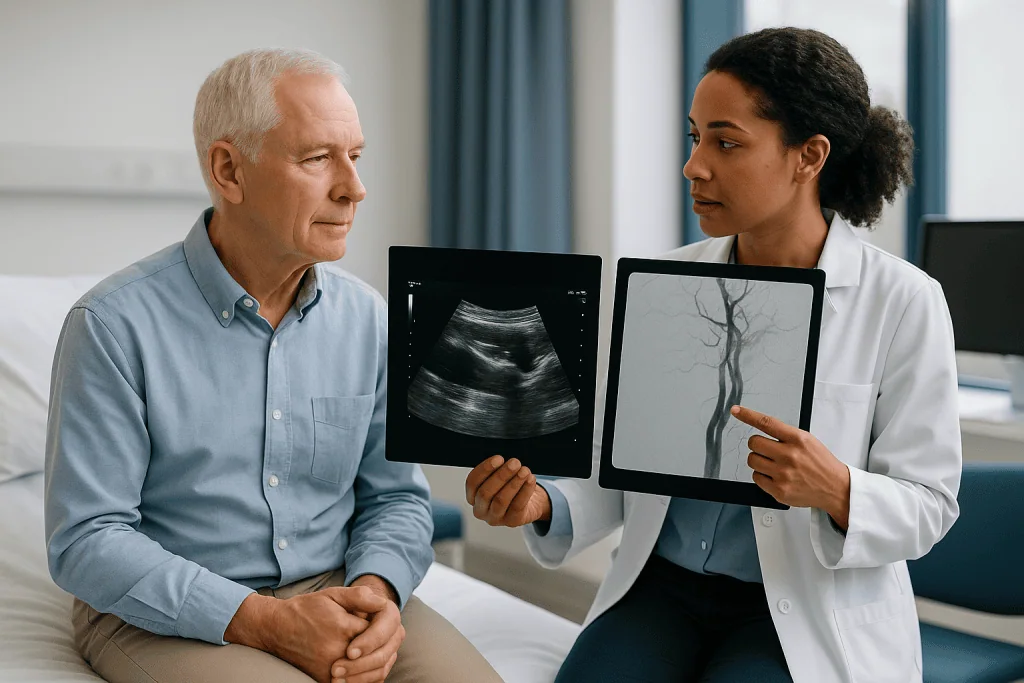 Doctor discussing imaging results with elderly male patient: Carotid angiogram vs ultrasound: what each test measures