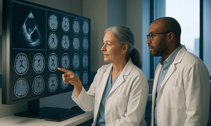Doctors analyzing brain scan images for carotid artery stenosis diagnosis.
