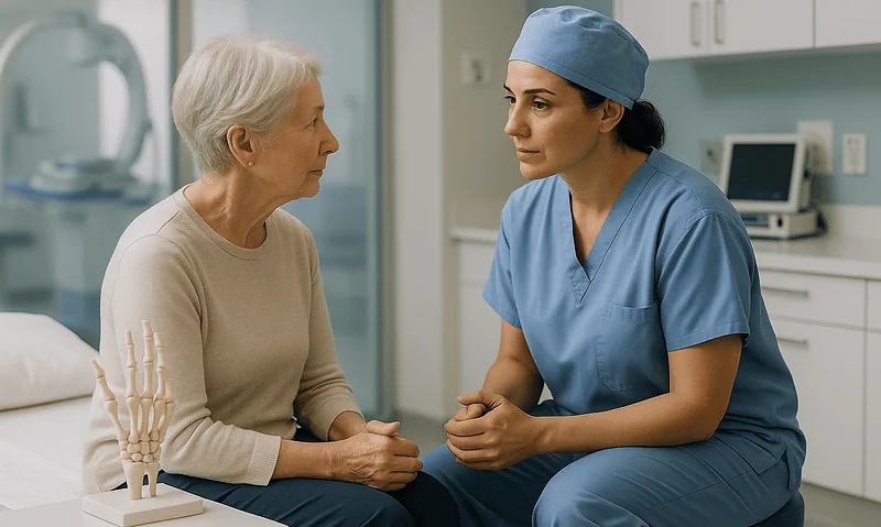 Doctor consulting with elderly patient about hand health in clinic.