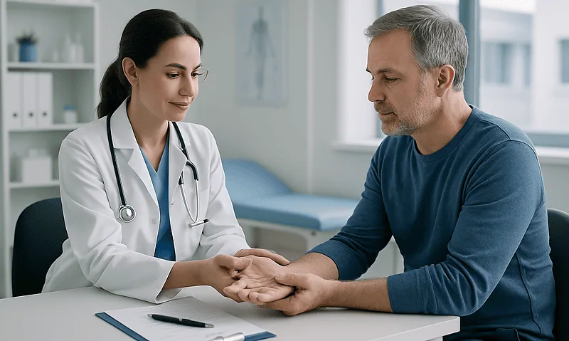 Doctor consulting with patient in a medical office setting.