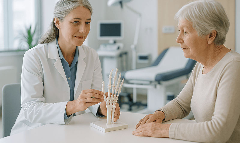 Doctor explaining carpal tunnel syndrome to elderly patient with hand model.