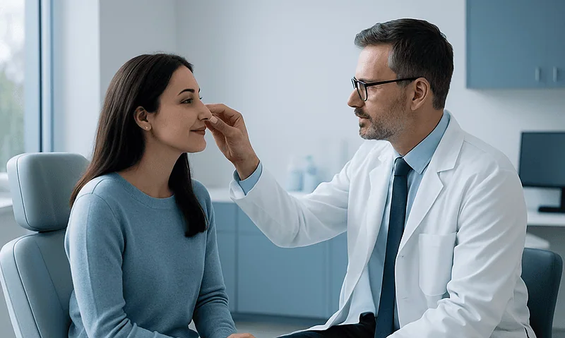 Doctor examining young woman's nose in consultation room.