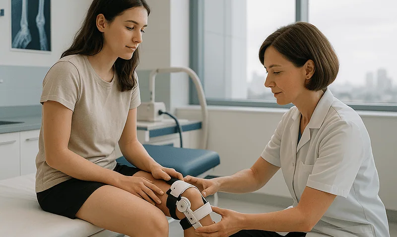 Doctor examining knee of young woman in medical clinic setting.